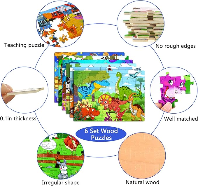 Puzzles for Kids Ages 4-8, 6 Pack Wooden Jigsaw Puzzles 60 Pieces Preschool Educational Learning Toys Set for Boys and Girls