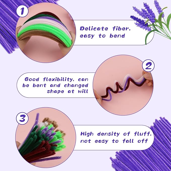 Pipe Cleaners, 100Pcs Pipe Cleaners Supplies for Flower Making DIY Craft, Chenille Stems Pipe Cleaners Art Supplies for Festivals Crafts Decorations/Purple