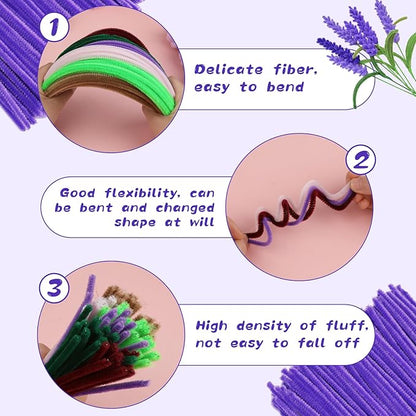 Pipe Cleaners, 100Pcs Pipe Cleaners Supplies for Flower Making DIY Craft, Chenille Stems Pipe Cleaners Art Supplies for Festivals Crafts Decorations/Purple