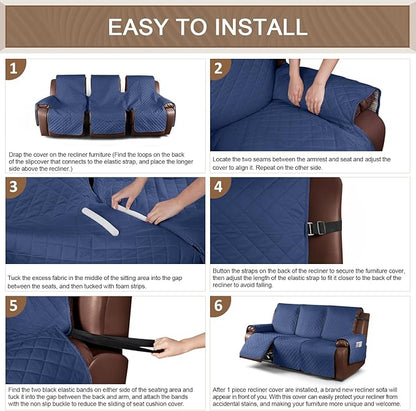 KinCam Waterproof Recliner Sofa Cover, Non-Slip Reclining Couch Covers for 3 Seat, Recliner Couch Cover Furniture Protector with Elastic Straps for Pets, Kids, Blue