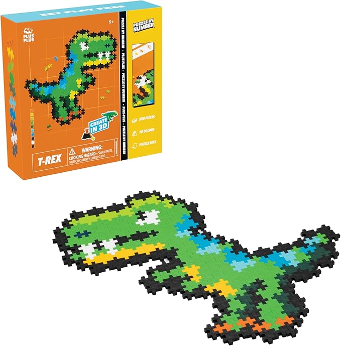 Plus Plus Puzzle by Number, 250 Piece Mini Interlocking Hashtag Color Blocks, 3D Pixel Art Kit for Kids - T-Rex