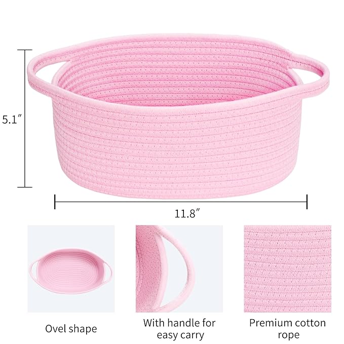 ABenkle Small Basket, 12"x 8" x 5" Cute Small Woven Basket, Rope Room Shelf Storage Basket, Cat Dog Toys Basket Chest Box, Decorative Empty Gift Basket with Handles - All PInk