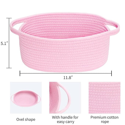 ABenkle Small Basket, 12"x 8" x 5" Cute Small Woven Basket, Rope Room Shelf Storage Basket, Cat Dog Toys Basket Chest Box, Decorative Empty Gift Basket with Handles - All PInk