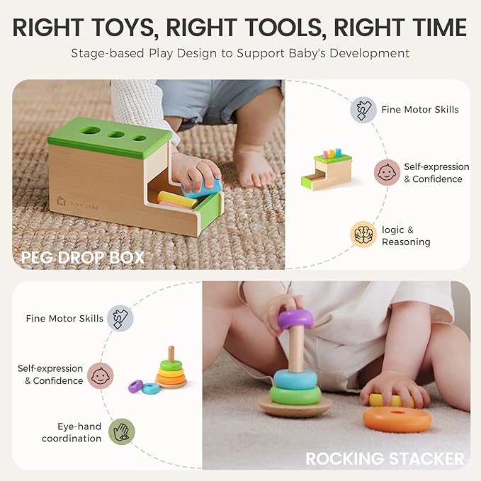 Tiny Land Montessori Toy Set for Babies 1 Year Old Thinker Play Kit- 5-in-1 Wooden Learning Toys with Peg Drop Box, Rocking Stacker, Egg Cup, Canister Set, and Crinkle Bag