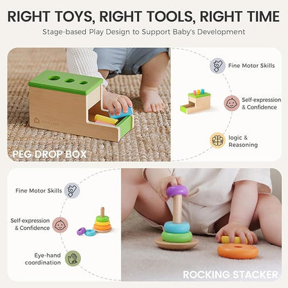Tiny Land Montessori Toy Set for Babies 1 Year Old Thinker Play Kit- 5-in-1 Wooden Learning Toys with Peg Drop Box, Rocking Stacker, Egg Cup, Canister Set, and Crinkle Bag