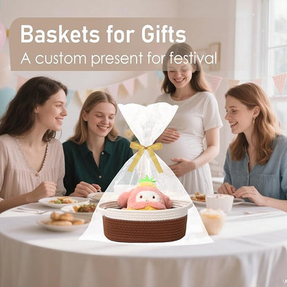 JMvicyroam Woven Basket,Small Rope Storage Bin with Handles & Ribbon Bag, Organizer for Shelves Closets,Gift Basket Empty for Birthday,Books,Dog Toys, White&Brown/3 Pack