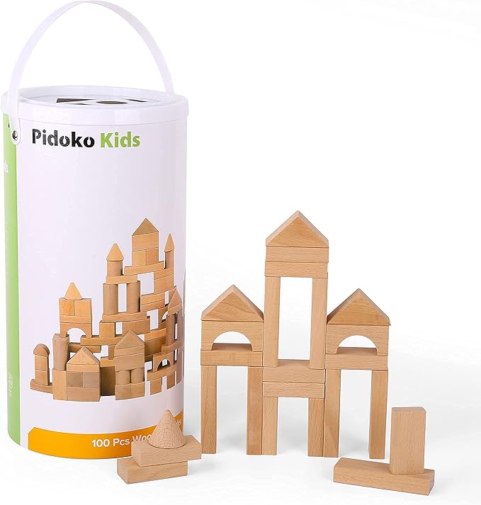 Pidoko Kids Wooden Blocks - 100 Pcs - Building Blocks for Toddlers - Includes Storage Container with Shape Sorter Lid - Natural Beech Wood Blocks - Preschool Learning Toys Stacking Block