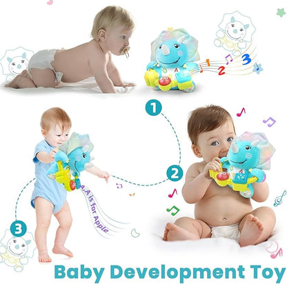 Holaxander Baby Dino Musical Stuffed Animals Toy with Light-Up Music & Crinkle Sound Paper,Infant Bilingual Early Learning Education Toys,Tummy Time Toys for 0-3-6-12+ Months Boy Girl