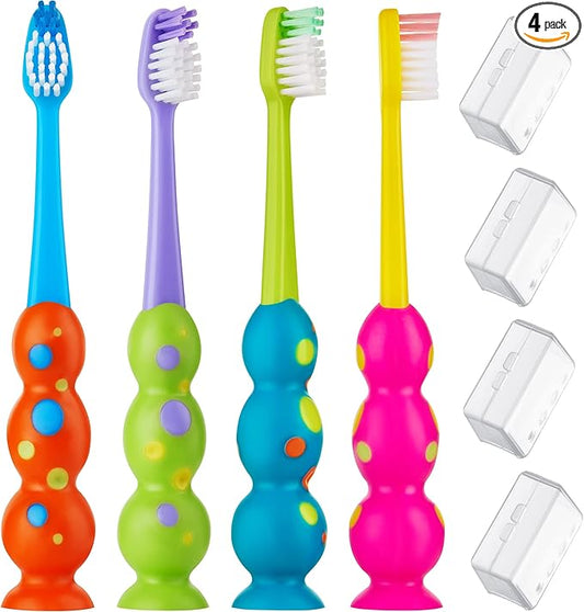 Kids Toothbrush 4 Pack - Soft Bristles with Suction Cup - Toothbrush Kids, Child Sized Brush Heads, 3-10 Year Old Kid Toothbrush with Easy Storage - Toddler, Girl and Boy Set (4-Pack, Multi-Color)