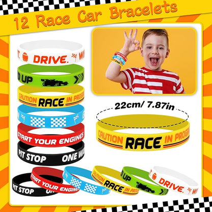 110 PCS Race Car Party Favors Birthday Supplies with Drinking Straws, Silicone Bracelets, Bubble Wands, Keychains, and Racing Car Pinata for Boys Goodie Bag Stuffers