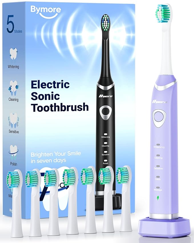 Bymore Electric Toothbrush for Adults,Travel Sonic Toothbrush with 8 Replacement Heads, Ultra Clean Rechargeable Toothbrush Portable One Charge for 330days 5 Modes 2mins Timer-Purple