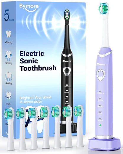 Bymore Electric Toothbrush for Adults,Travel Sonic Toothbrush with 8 Replacement Heads, Ultra Clean Rechargeable Toothbrush Portable One Charge for 330days 5 Modes 2mins Timer-Purple