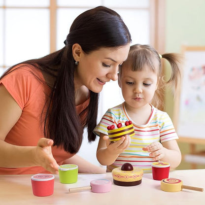 8 PCs Wooden Play Food for Kids Kitchen, Pretend Play Food Wooden Dessert Play Set for Kids, Toddler Toys for 2-4 Year Old Girls Boys Christmas Birthday Gifts