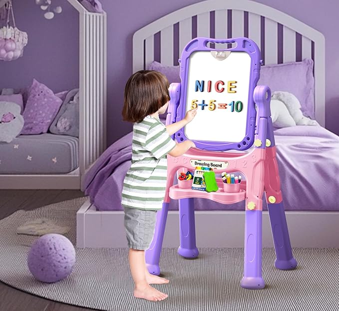 Art Easel for Kids with Magnetic Drawing Board, Double Sided Easel with Magnetic Letters & Numbers Easel, Adjustable Standing Easel for Toddler, Creative Play for Kids
