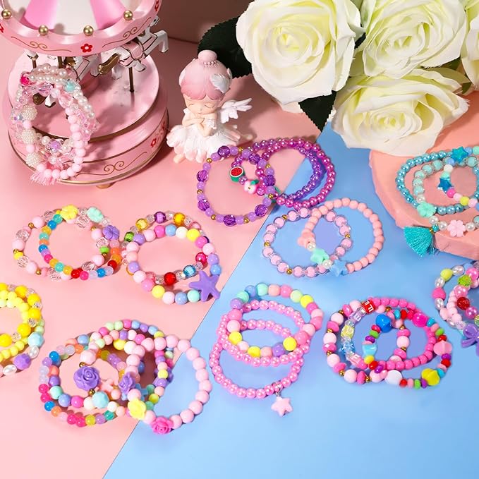 PinkSheep Bracelets for Girls Jewelry: 36 Pcs Bluk Little Girl Bracelets, Cute Kids Bracelets for Girls 2 3 4 5 6 7 Years Old - Princess Bracelets for Teen Girls - Play Jewelry Gift