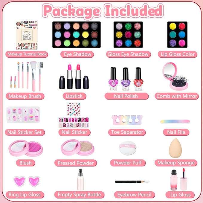 Hollyhi 59Pcs Kids Makeup Kit for Girl, Washable Play Makeup Toys Set for Dress Up, Beauty Vanity Set with Cosmetic Case Birthday Toys for Girls 3 4 5 6 7 8 9 10 11 12 Year Old Kids Toddlers ( Pink )