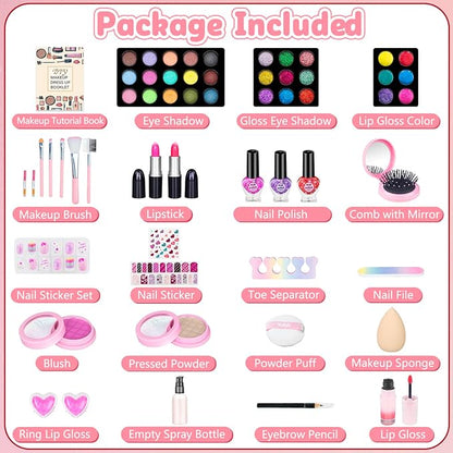 Hollyhi 59Pcs Kids Makeup Kit for Girl, Washable Play Makeup Toys Set for Dress Up, Beauty Vanity Set with Cosmetic Case Birthday Toys for Girls 3 4 5 6 7 8 9 10 11 12 Year Old Kids Toddlers ( Pink )
