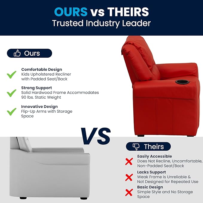 Flash Furniture Vana Vinyl Kids Recliner with Cup Holder, Headrest, and Safety Recline, Contemporary Reclining Chair for Kids, Supports up to 90 lbs., Red