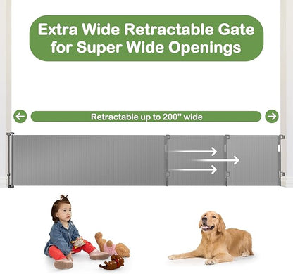 200 Inch Retractable Baby Gates Extra Wide Retractable Dog Gate for Super Wide Openings Indoor Extra Wide Baby Gate Outdoor Retractable Gates for Dogs Baby Fence Play Area Garage Gate Deck Gate, Gray