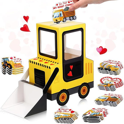 Pasimy DIY Valentines Day Mailbox with 33 Construction Vehicle Cards Valentines Day Crafts for Kids Bulldozer Mailbox for Classroom Exchange Party Activity Box Crafts for Kids Girls Boys