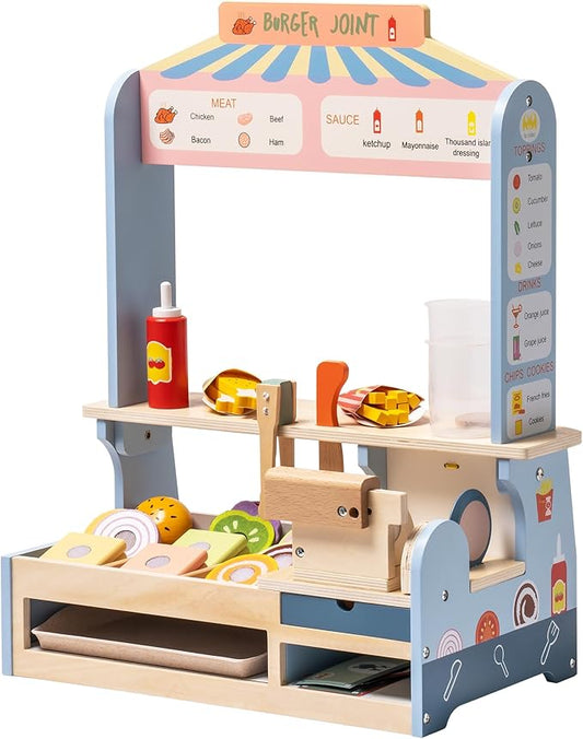 ROBOTIME Wooden Pretend Play Food Set for Kids, Hamburger Set Shop with Sandwich Counter Toys, Play Kitchen Food Toys for Toddlers Ages 3+