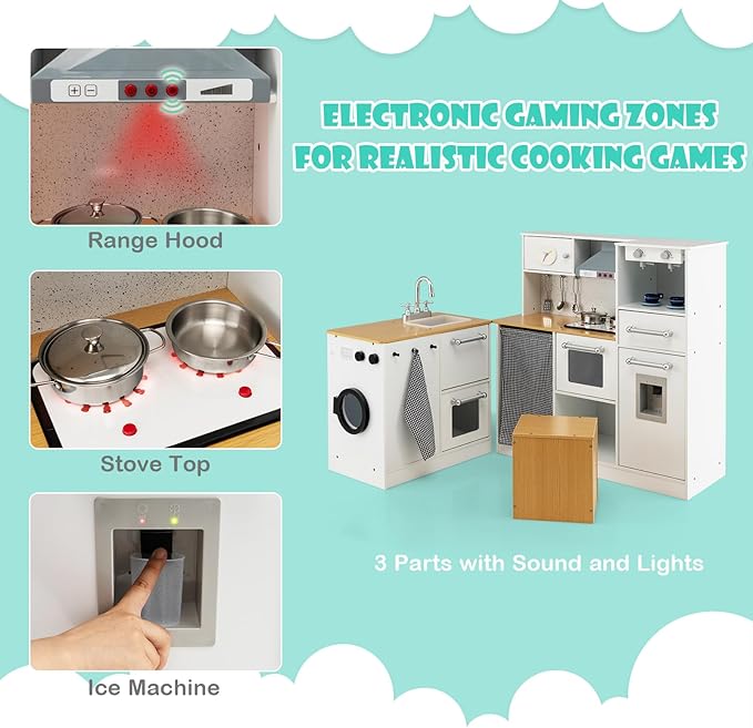 HONEY JOY Kids Kitchen Playset, 2-Piece Modular Wooden Corner Toy Kitchen Set/Washing Machine & Sink, Coffee Maker, Range Hood & Stove, Stool, Little Chef Pretend Play Kitchen for Toddlers, Natural