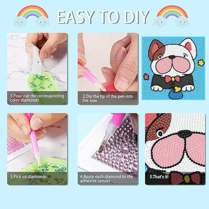 FQOVKYN 4 Pcs Cute Animals Diamond Art Kits for Kids Age 6-12, DIY Cartoon Dinosaur Diamond Art Painting for Adults Beginner, 5D Kids' Mosaic Kits Full Round Drill Gem Art for Kids 6X6 inch
