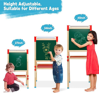Kids Art Easel with Paper Roll Art Standing Easel Double-Sided Whiteboard & Chalkboard & Roll Paper Drawing Board Standing Easel with Accessories for Kids and Toddlers