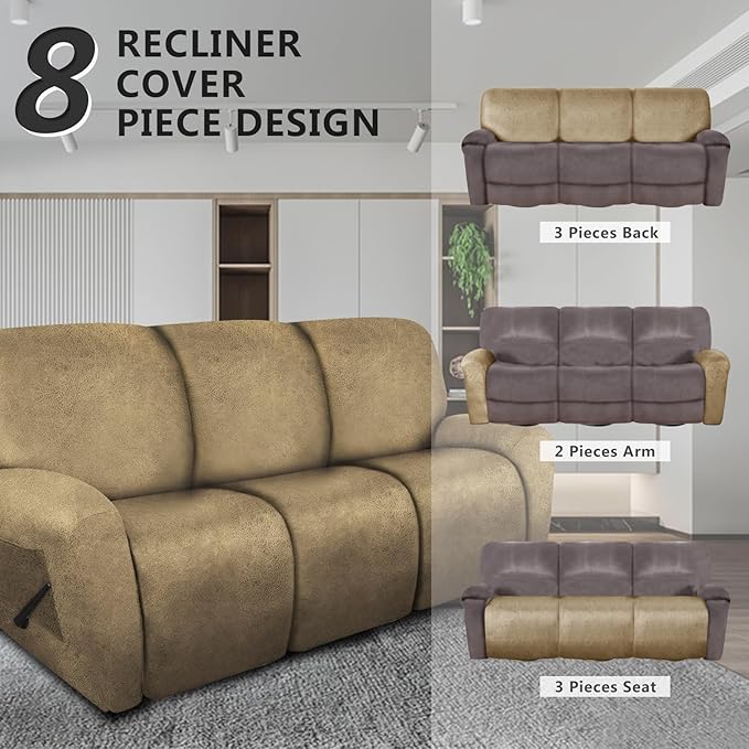 molasofa Recliner Sofa Covers - 8 Pieces Stretch Leather Like Large Couch Covers for 3 Seats Reclining Slipcovers Soft Jacquard Pattern Furniture Protector with Elastic Bottom (Mustard)