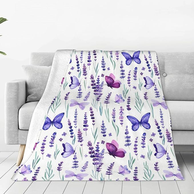 Purple Lavender Floral Flowers Butterfly Throw Blanket Gifts for Girls Boys Men Women Ultra Soft Warm All Season Decorative Fleece Blankets for Bed Chair Car Sofa Couch Bedroom 40"X50"