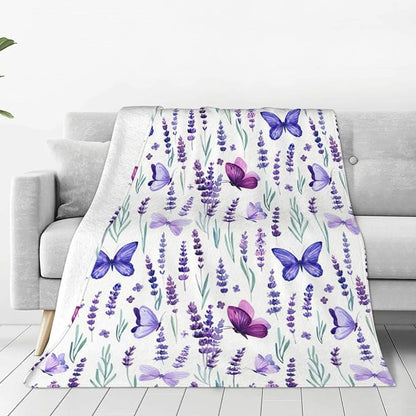 Purple Lavender Floral Flowers Butterfly Throw Blanket Gifts for Girls Boys Men Women Ultra Soft Warm All Season Decorative Fleece Blankets for Bed Chair Car Sofa Couch Bedroom 40"X50"