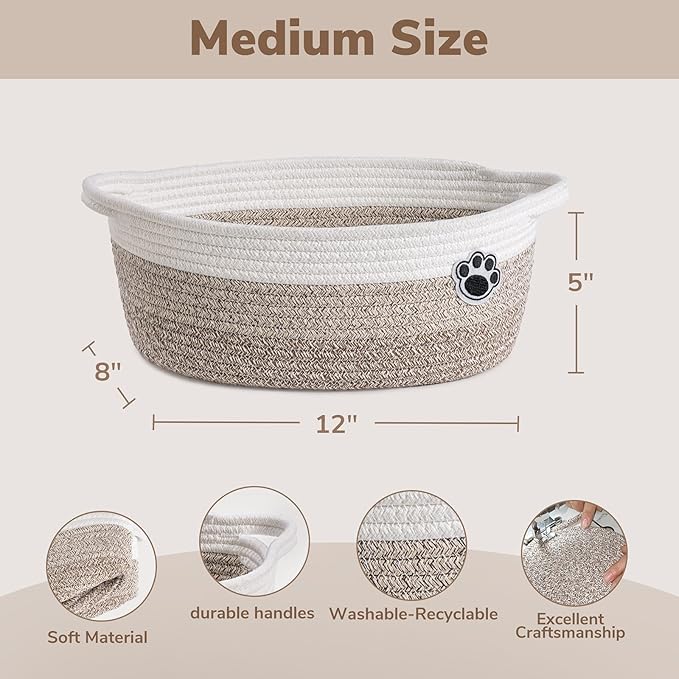 Dog Toy Basket Small Gift Basket for Baby, 12"x 8" x 5" inches Woven Storage Baskets for Dog Cat, Nursery Storage Baskets for Diapers, Towels, Mixed-Brown