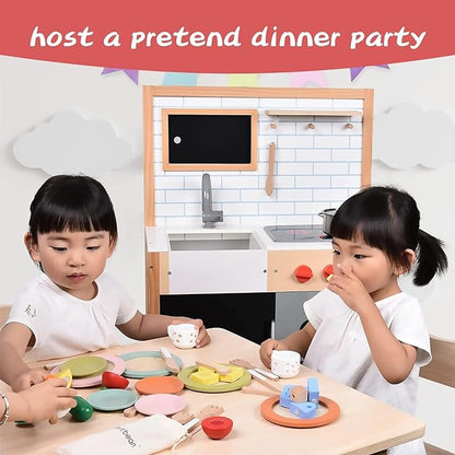 Giant bean 27PCS Wooden Toy Plates and Dishes for Kitchen Set, Wooden Play Kitchen Accessories for Girls and Boys, Montessori Toys, Christmas Birthday Gift for Kids