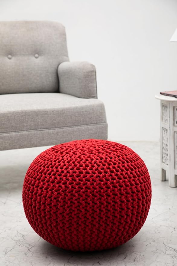 COTTON CRAFT - Hand Knitted Cable Style Dori Pouf - Red - Floor Ottoman - Cotton Braid Cord - Handmade & Hand Stitched - Truly one of a Kind Seating - 20 Dia x 14 High