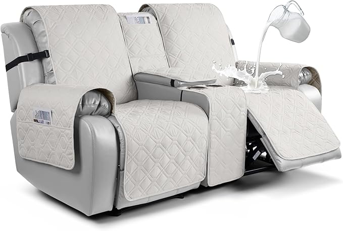 VANSOFY Loveseat Recliner Cover with Console 100% Waterproof Sofa Slipcovers Non-Slip Reclining Couch Cover Split Sofa Covers Furniture Protector for Pets, Dogs(Off White)