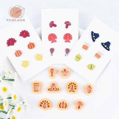 Puocaon Thanksgiving Polymer Clay Cutters - Fall Polymer Clay Cutters Earrings Studs Making, 9 Pcs Mini Clay Cutters Pumpkin Chicken Acorn Clay Cutters, Coffee Cup Clay Cutters Mushroom Maple Shape