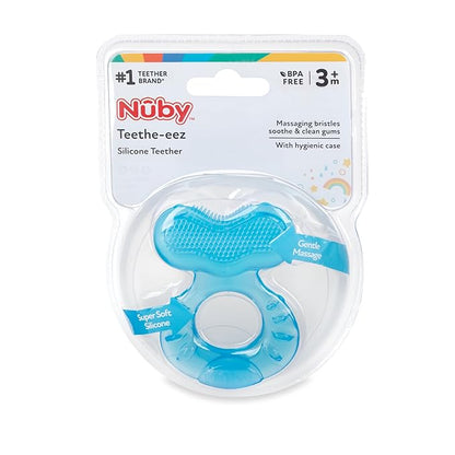 Nuby Silicone Teethe-eez Teether with Bristles, Includes Hygienic Case, Blue