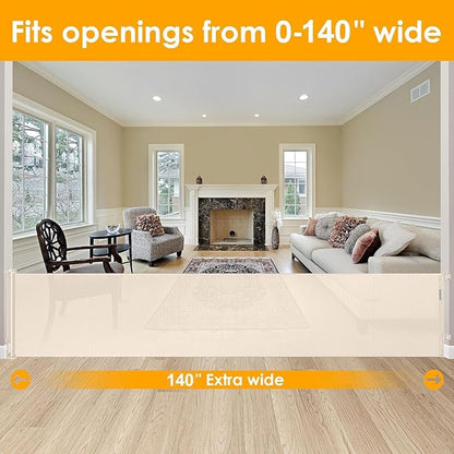 140 Inch Extra Wide Baby Gate Retractable Dog Gates for The House Extra Wide Dog Gates Extra Long Baby Gates Extra Large Dog Gates for Large Openings Outdoor Indoor Retractable Baby Gates (Beige)