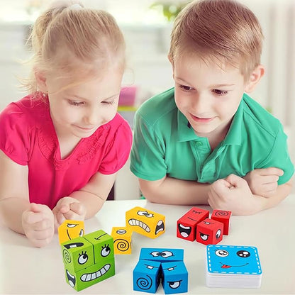 Face Changing Building Blocks Game, Wooden Expression of Face Change Magic Cube Educational Puzzles Toy Fidget Toys Cube Mini Board Game for Kids and Adults with 72 Cards (Medium)