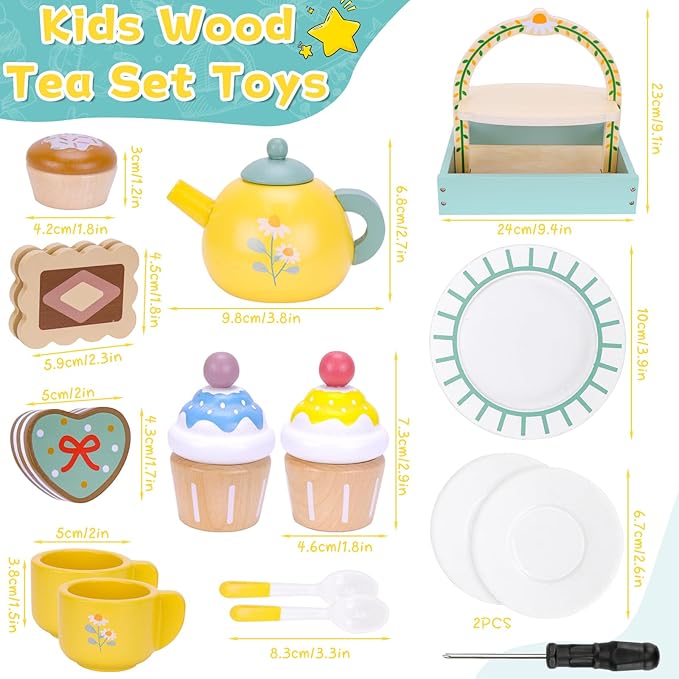 Hysagtek Wooden Tea Party Set for Little Girls, Toddler Tea Set with Cupcake Stand,Teapot Tea Cup Dessert Toys Tea Set Pretend Accessories for Girls Christmas Birthday Gift