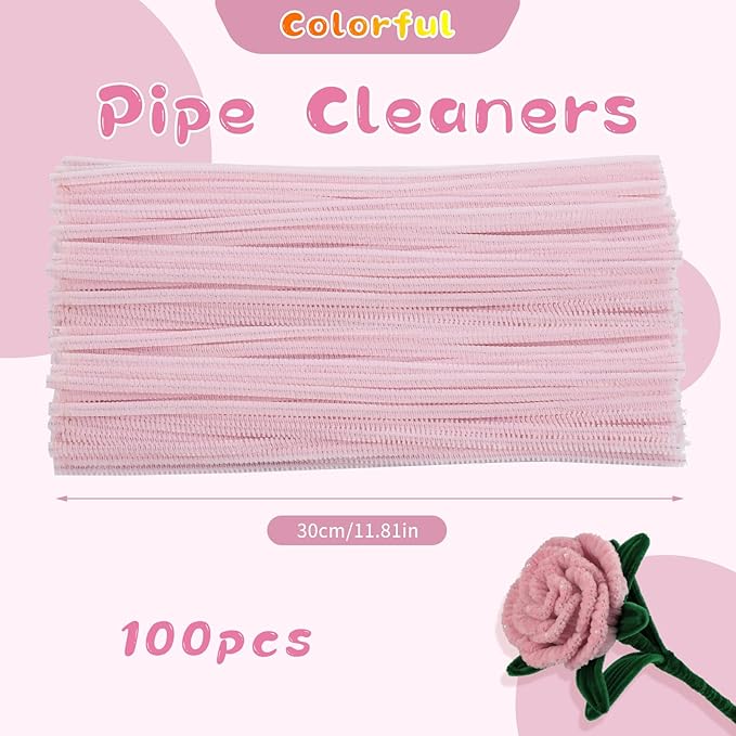 Pipe Cleaners Craft, 100Pcs Pipe Cleaners Supplies for Flower Making, Chenille Stems Pipe Cleaners for Festivals DIY Hand Arts Decorations Making/Light Pink