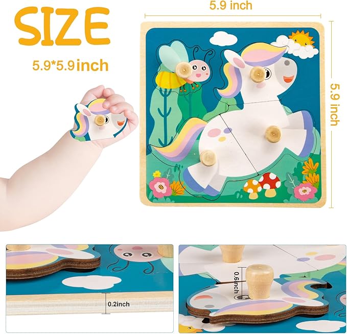 Wooden Toddler Puzzles, Funsland Peg Puzzles Gifts Toys, 4 Pcs Eco Friendly Animal Patterns Jigsaw with Handles, Infant Kid Fine Motor Skill Learning Educational Montessori Puzzles for 1 2 3 Years Old