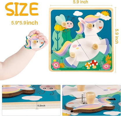 Wooden Toddler Puzzles, Funsland Peg Puzzles Gifts Toys, 4 Pcs Eco Friendly Animal Patterns Jigsaw with Handles, Infant Kid Fine Motor Skill Learning Educational Montessori Puzzles for 1 2 3 Years Old