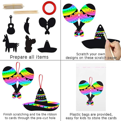 WATINC 60pcs Mexican Fiesta Scratch Cards Art Set for Kids Adults, Cinco De Mayo Party Decorations Favor, DIY Magic Colorful Art Craft Kit, Scratch Paper Ornaments for Birthday Party