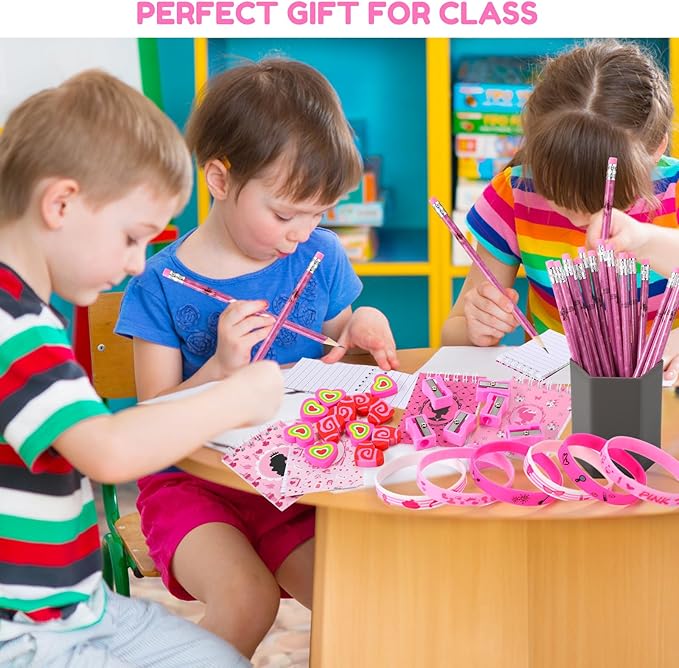 Colarr 161 Pcs Hot Pink Princess Party Favors School Stationery Set Includes Gift Cup Notebook Pencil Sharpener Eraser Keychain Stamp Slap Bracelet Sticker Card Valentine's Day Gift for Child Supplies