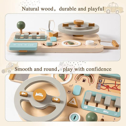 Wooden Montessori Steering Wheel Sensory Activity Board for 1-4 Year Olds, Fine Motor Skills, Travel Busy Board Educational Toys for Boys and Girls