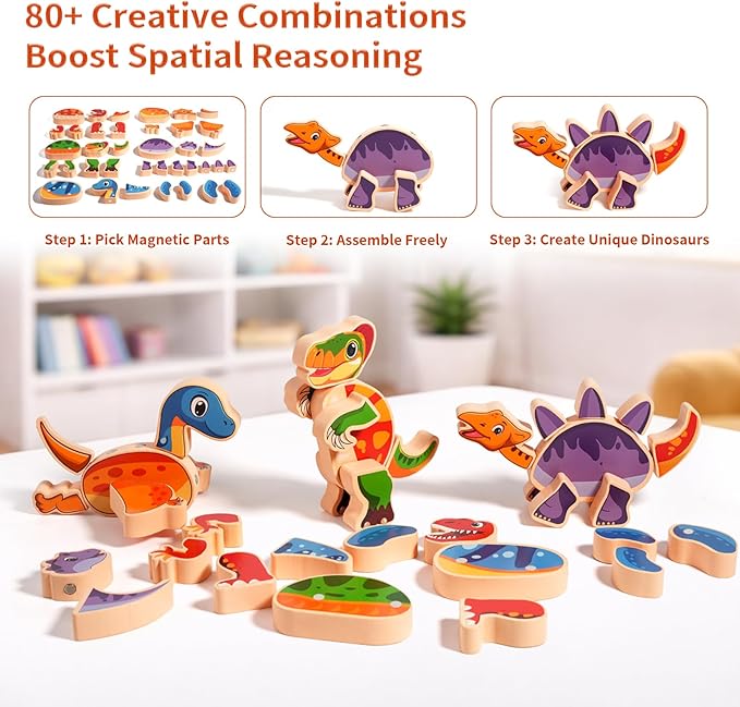 INIFEIDALA Wooden Magnetic Take Apart Dinosaur Building Blocks, Build Your Own Dinosaur Playset, STEM Montessori Educational Toy for Fine Motor Skills, Birthday Gift for 3-6 Year Old Boys Girls