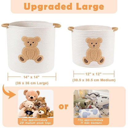 Large Blanket Baskets for Living Room, Teddy Bear Baskets Toy Storage Basket Woven Cotton Rope Basket for Kids, Toys Organizer Clothes Hamper with Embroidery, Teddy Bear Nursery Decor ( Large )