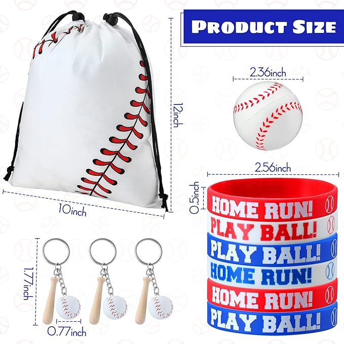 Nuogo 48 Pcs Baseball Party Favors Supplies Include 12 Pcs Baseball Party Bags 12 Pcs Baseball Bracelets 12 Pcs Baseball Stress Balls 12 pcs Mini Baseball Keychain Birthday Sport Party