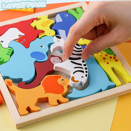 LovesTown 12PCS Wooden Stacking Puzzles, Animal Chunky Jigsaw Puzzles Educational Toys for Kids Gift